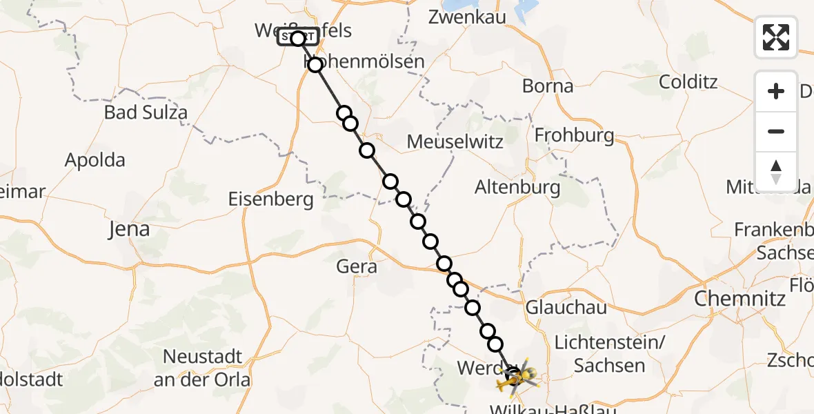 Flugroute Rettungshubschrauber Asklepios Clinic Weißenfels - ADAC Air Rescue Station Zwickau Hubschrauberlandeplatz, 14 Mai 2026, 12:39