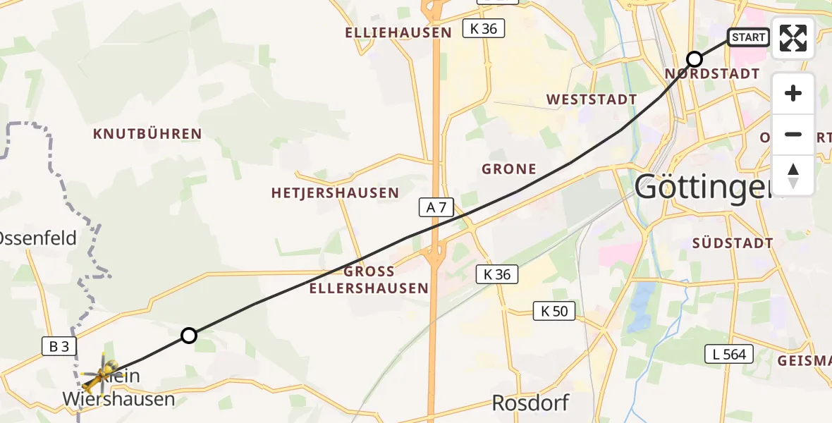 Flugroute Rettungshubschrauber Göttingen University Clinic Hubschrauberlandeplatz - Rosdorf, 14 Mai 2026, 12:42