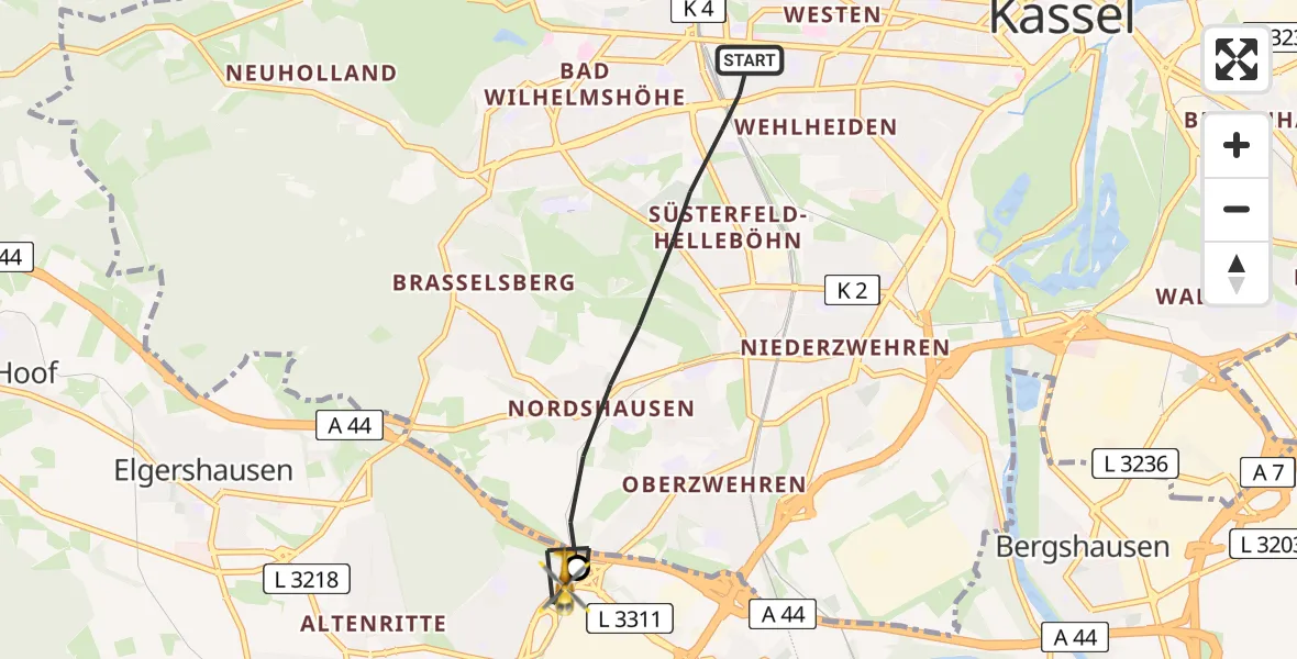 Flugroute Rettungshubschrauber Kassel - Baunatal, 14 Mai 2026, 12:45