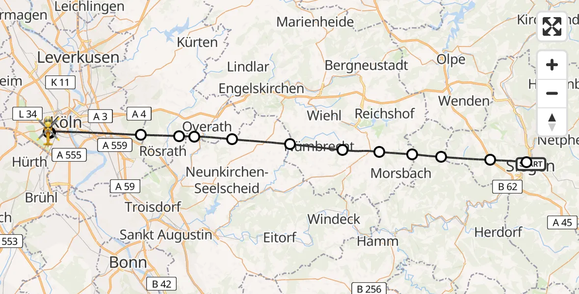 Flugroute Rettungshubschrauber Marien Hospital Siegen - Köln University Hospital, 14 Mai 2026, 12:53