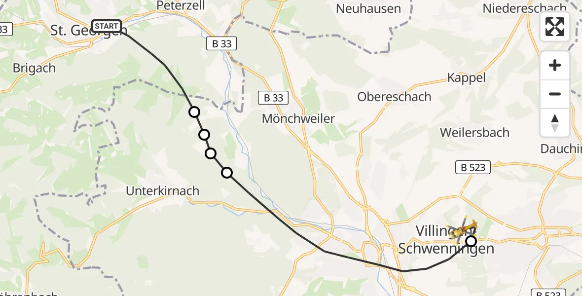 Flugroute Rettungshubschrauber St. Georgen im Schwarzwald - DRF Air Rescue Station Villingen-Schwenningen Hubschrauberlandeplatz (Christoph 11), 14 Mai 2026, 12:53