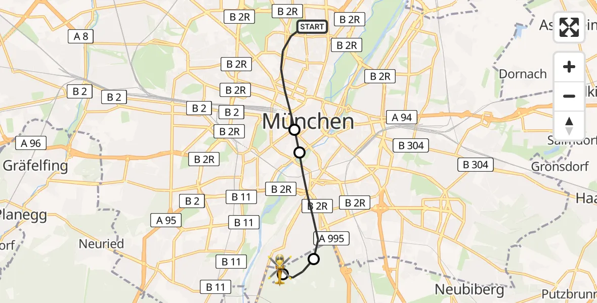 Flugroute Rettungshubschrauber München - ADAC Air Rescue Center Hubschrauberlandeplatz (Christoph 1), 14 Mai 2026, 12:54