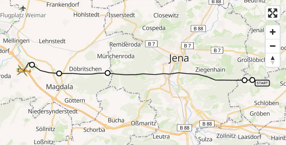 Flugroute Rettungshubschrauber Schlöben - Magdala, 14 Mai 2026, 12:55