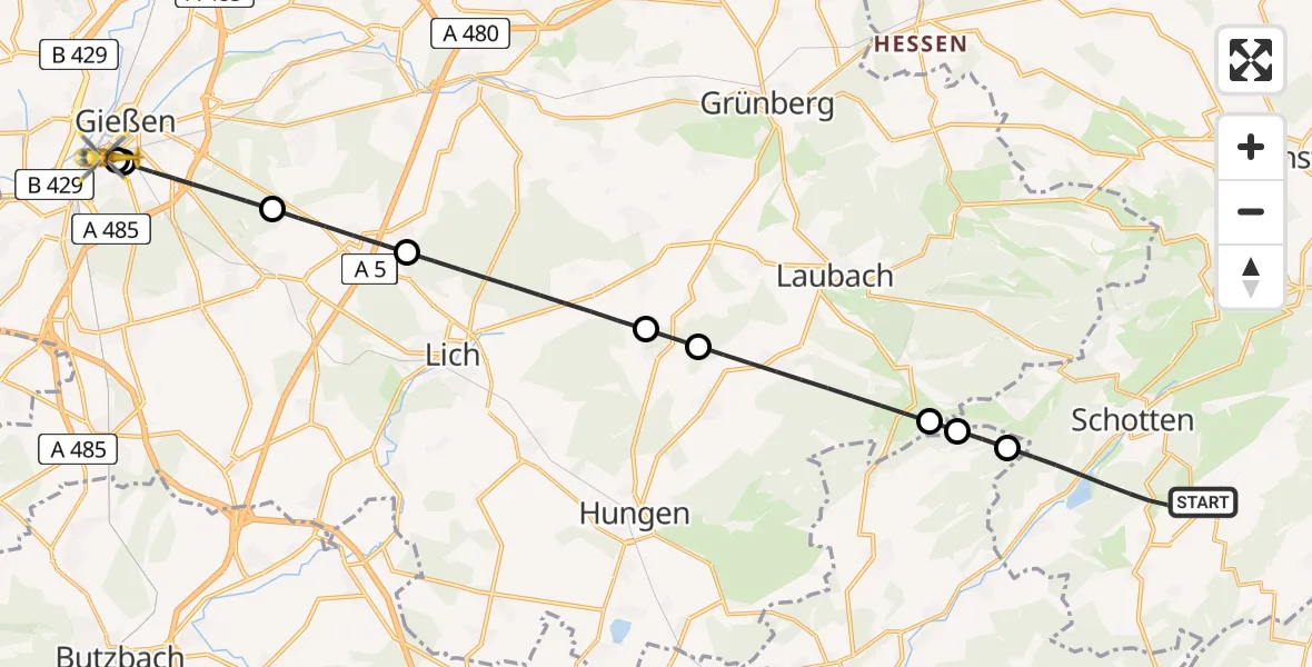 Flugroute Rettungshubschrauber Schotten - Gießen University Hospital, 14 Mai 2026, 12:57