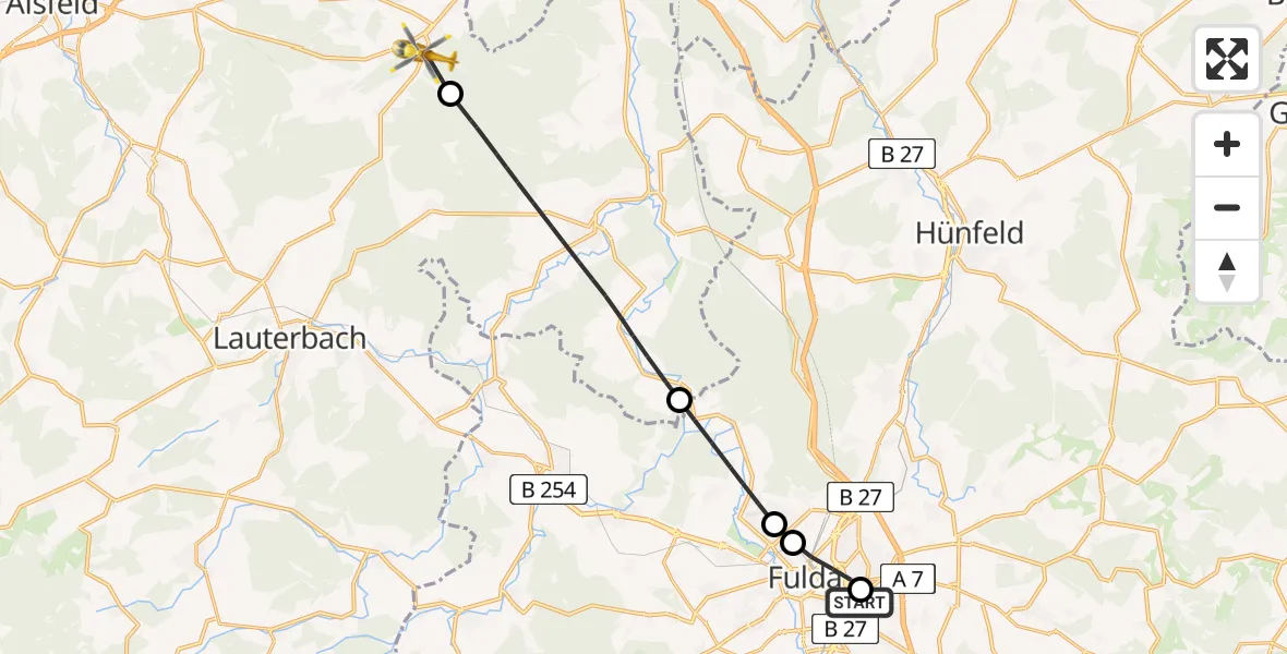 Flugroute Rettungshubschrauber Fulda Hospital - Grebenau, 14 Mai 2026, 13:02