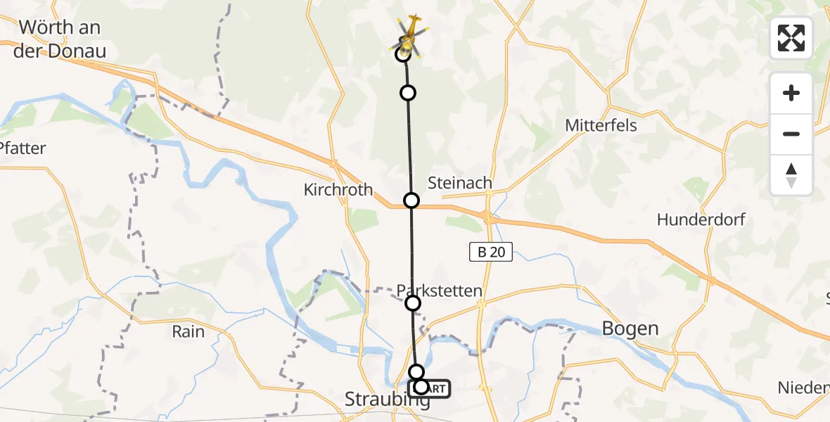 Flugroute Rettungshubschrauber Sankt Elisabeth Hospital Straubing - Wiesenfelden, 14 Mai 2026, 13:12