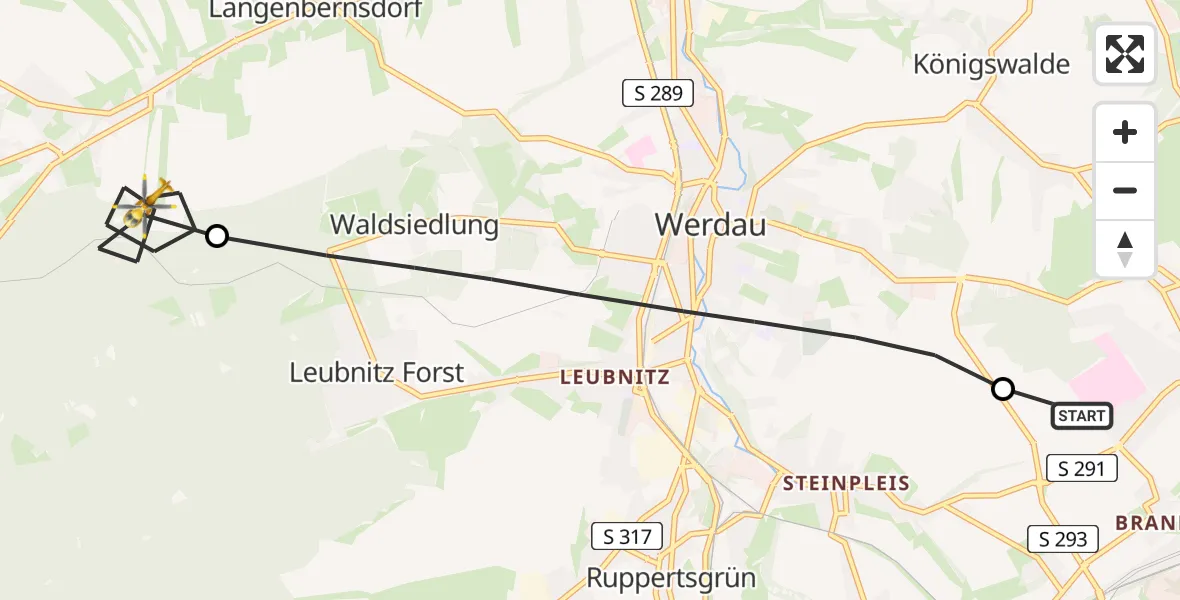 Flugroute Rettungshubschrauber ADAC Air Rescue Station Zwickau Hubschrauberlandeplatz - Langenbernsdorf, 14 Mai 2026, 13:14