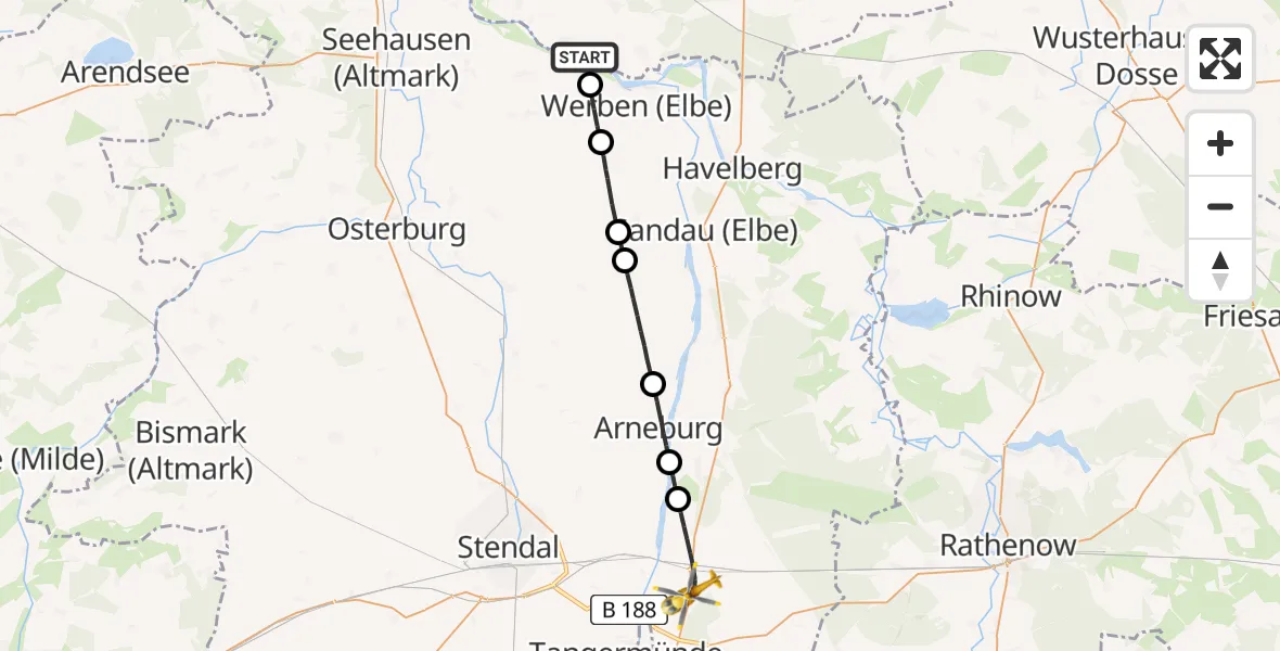 Flugroute Rettungshubschrauber Legde/Quitzöbel - Schönhausen (Elbe), 14 Mai 2026, 13:18