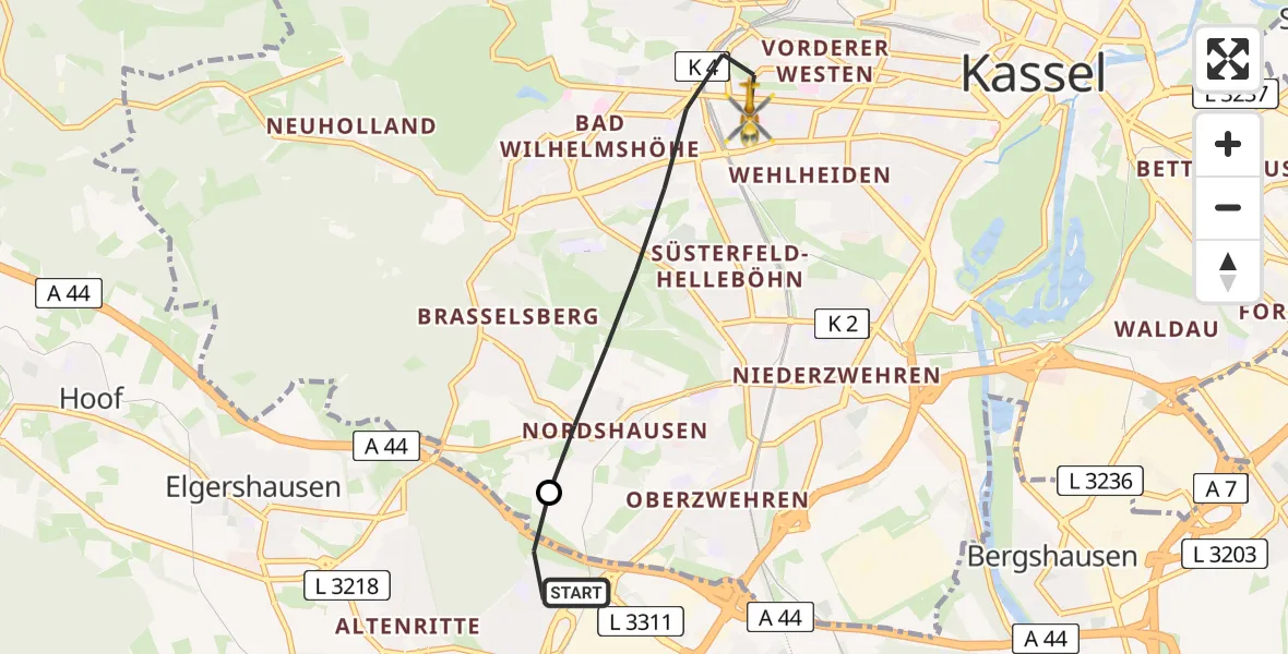 Flugroute Rettungshubschrauber Baunatal - Kassel, 14 Mai 2026, 13:21