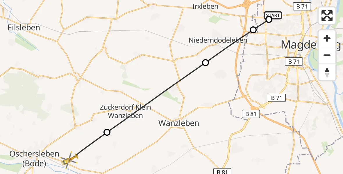 Flugroute Rettungshubschrauber Magdeburg Hospital - Oschersleben (Bode), 14 Mai 2026, 13:22