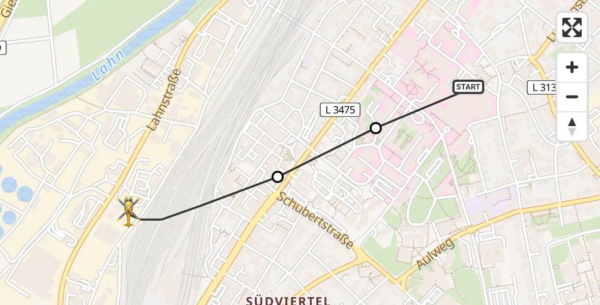 Flugroute Rettungshubschrauber Gießen University Hospital - Gießen, 14 Mai 2026, 13:37