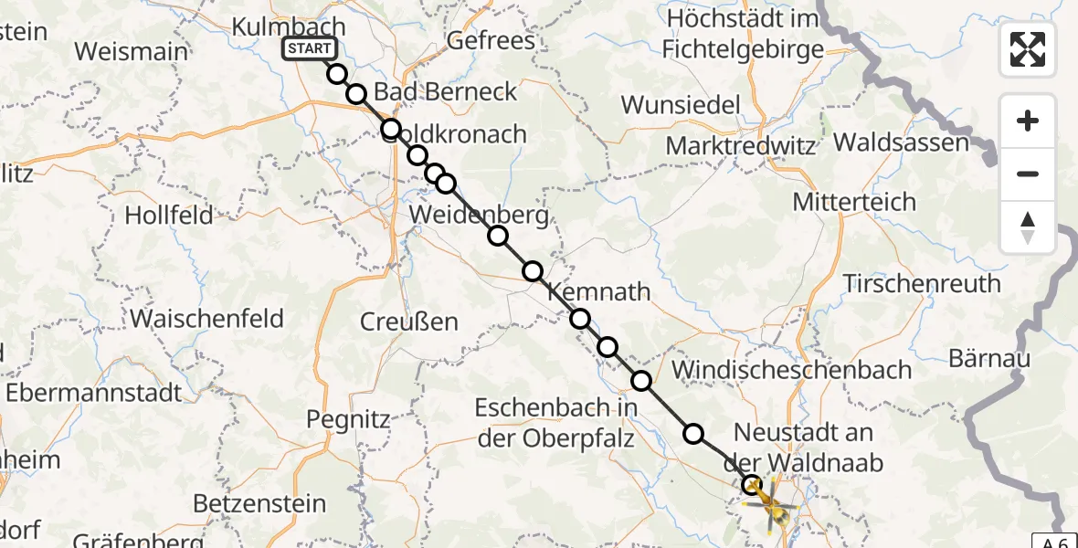 Flugroute Rettungshubschrauber Ködnitz - Weiden i.d.OPf., 14 Mai 2026, 13:39