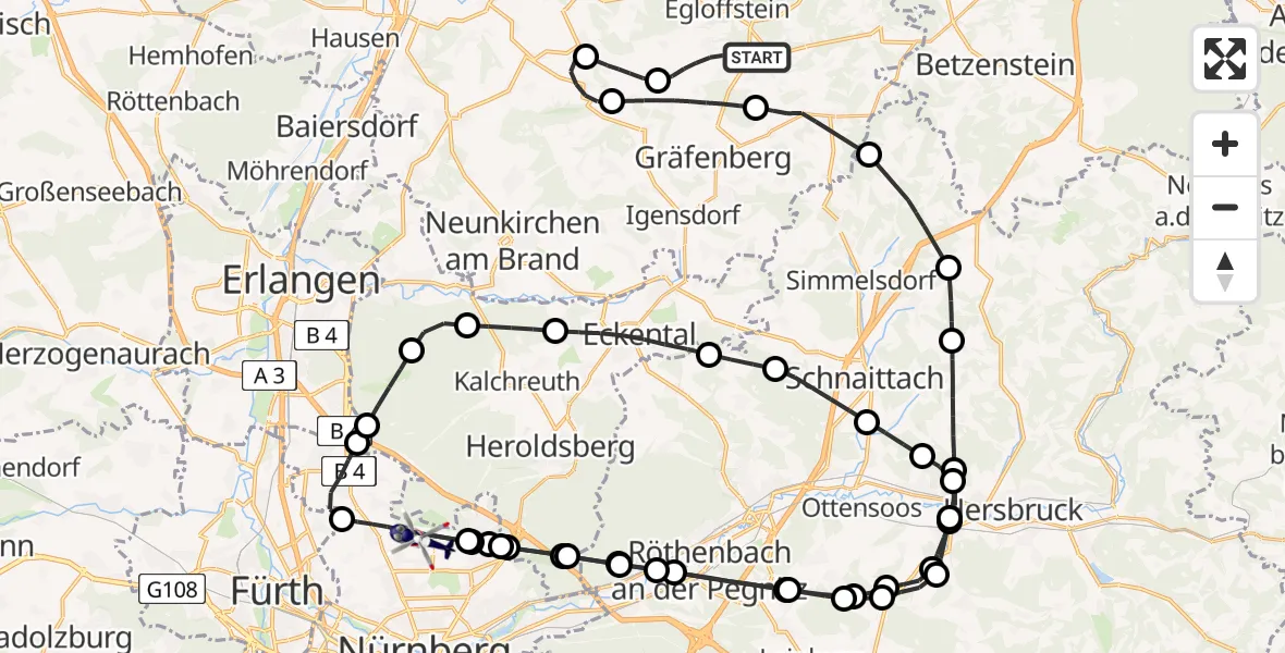Flugroute Polizeihubschrauber Gräfenberg - Flughafen Nuremberg, 14 Mai 2026, 13:40