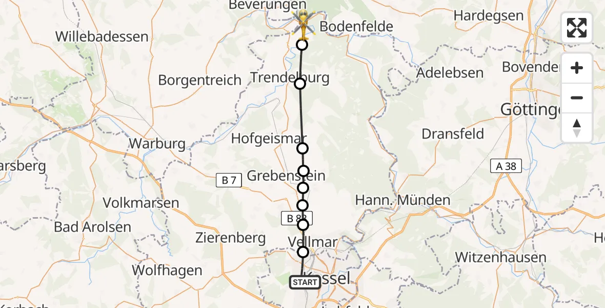 Flugroute Rettungshubschrauber Kassel - Bad Karlshafen, 14 Mai 2026, 13:40