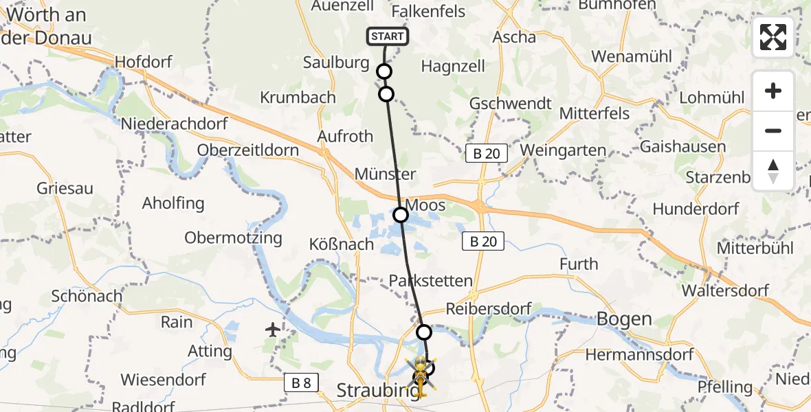 Flugroute Rettungshubschrauber Wiesenfelden - Sankt Elisabeth Hospital Straubing, 14 Mai 2026, 13:45