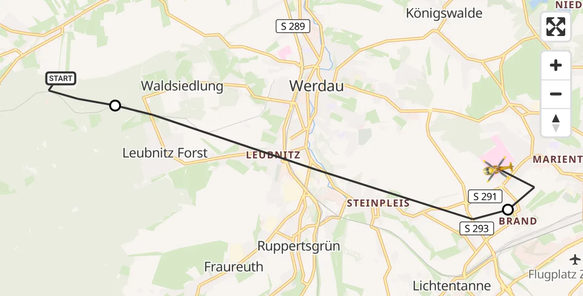 Flugroute Rettungshubschrauber Langenbernsdorf - ADAC Air Rescue Station Zwickau Hubschrauberlandeplatz, 14 Mai 2026, 13:47