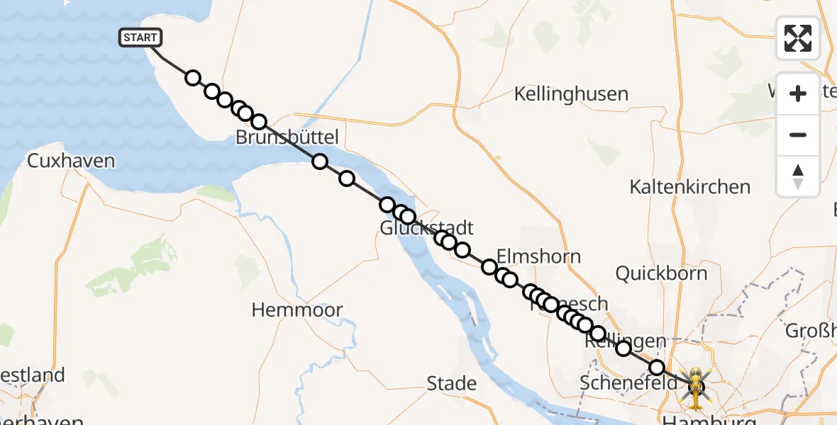 Flugroute Rettungshubschrauber Friedrichskoog - Universitätsklinikum Hamburg-Eppendorf Hubschrauberlandeplatz, 14 Mai 2026, 13:49