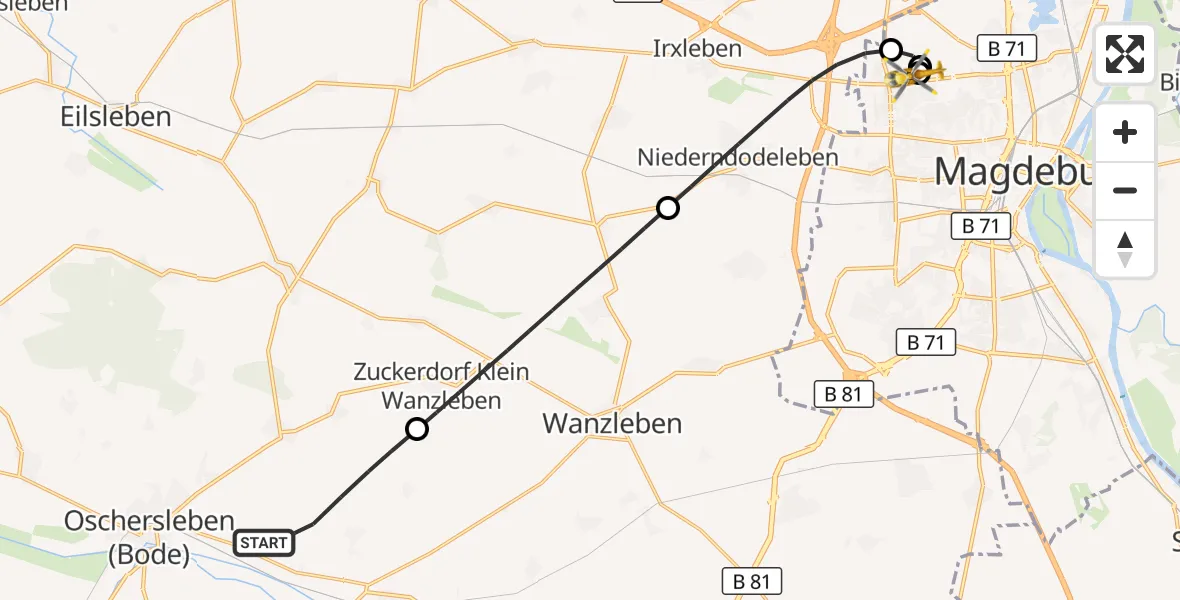 Flugroute Rettungshubschrauber Oschersleben (Bode) - Magdeburg Hospital, 14 Mai 2026, 13:50