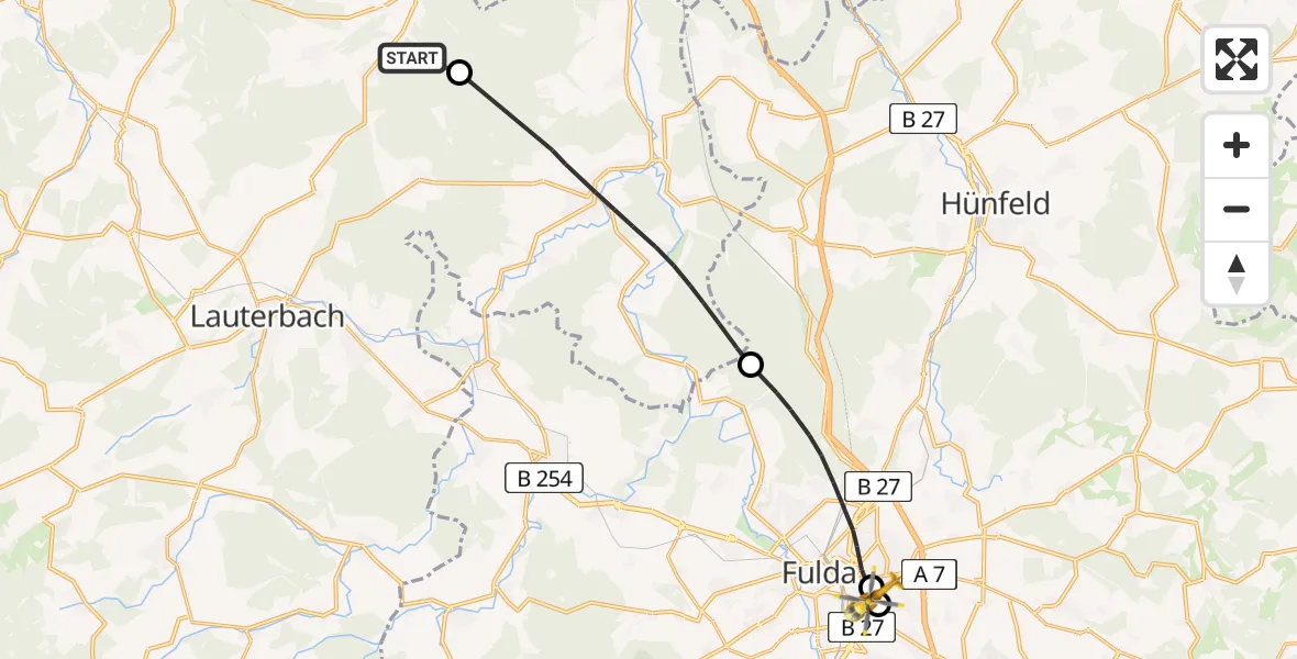Flugroute Rettungshubschrauber Grebenau - Fulda Hospital, 14 Mai 2026, 13:50