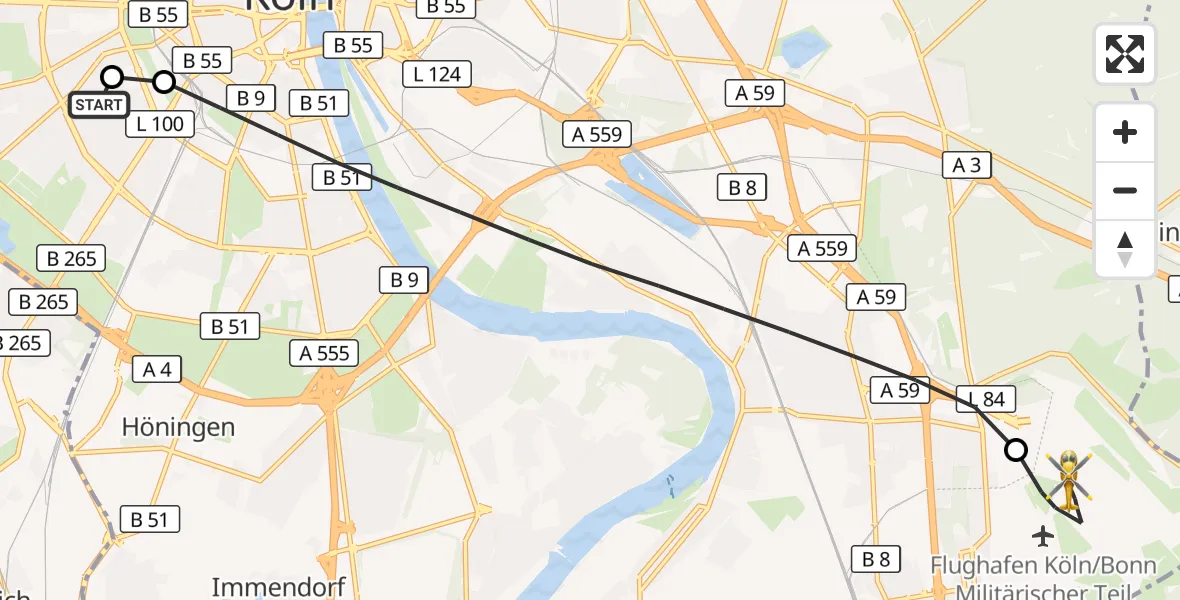 Flugroute Rettungshubschrauber Köln University Hospital - Köln Bonn Flughafen, 14 Mai 2026, 13:54