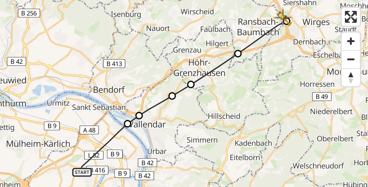 Flugroute Rettungshubschrauber Koblenz - Ebernhahn, 14 Mai 2026, 13:56