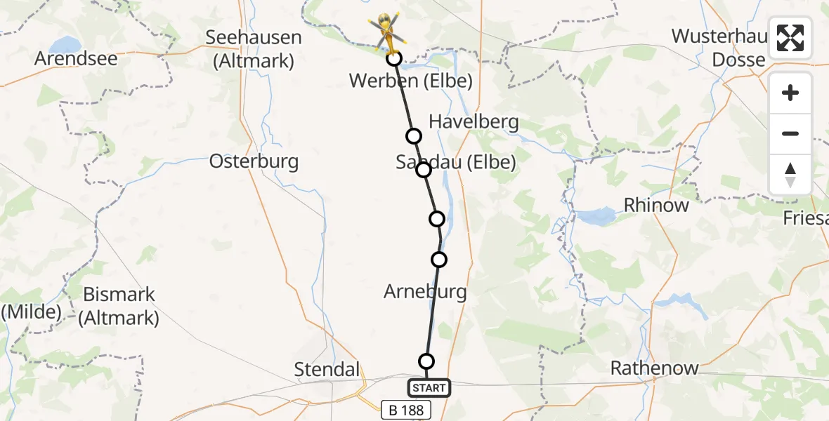 Flugroute Rettungshubschrauber Schönhausen (Elbe) - Legde/Quitzöbel, 14 Mai 2026, 13:59
