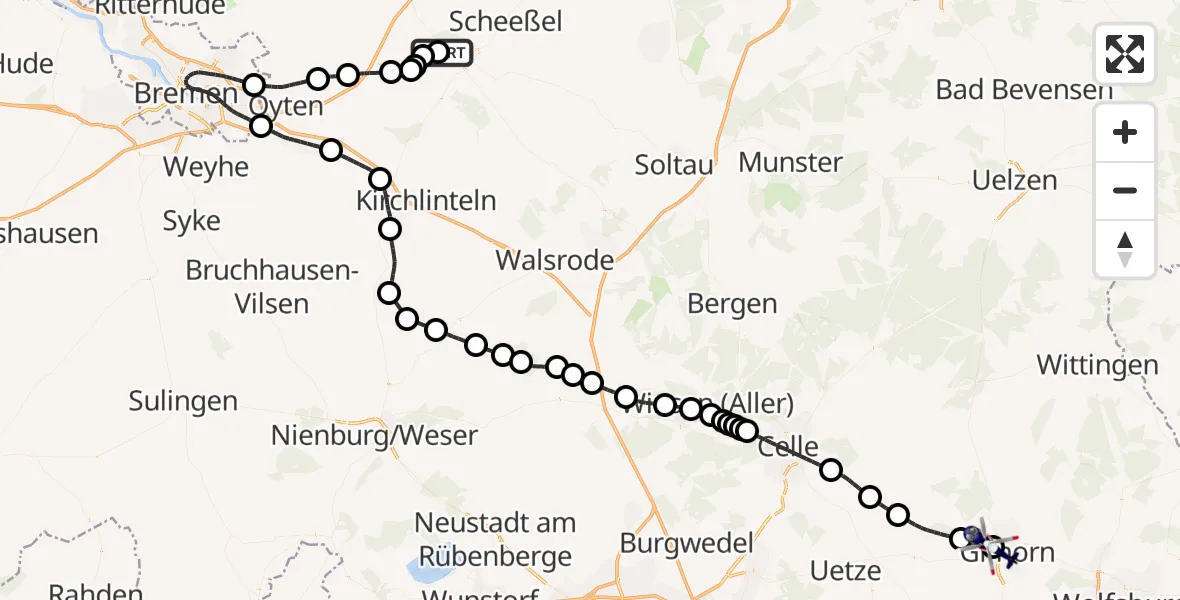 Flugroute Polizeihubschrauber Rotenburg (Wümme) Flugplatz - Gifhorn Bundespolizei Hubschrauberlandeplatz, 14 Mai 2026, 14:04