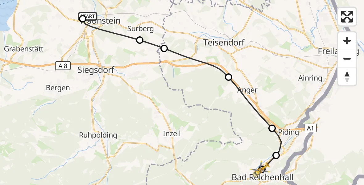 Flugroute Rettungshubschrauber Traunstein Hospital - Bad Reichenhall Hospital, 14 Mai 2026, 14:16