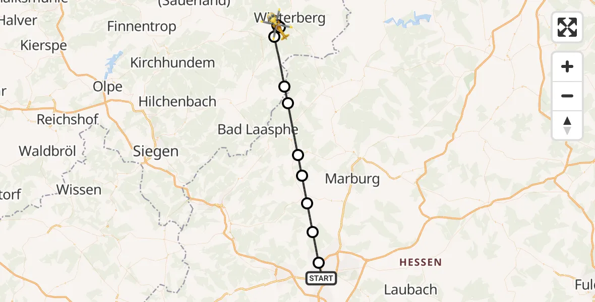 Flugroute Rettungshubschrauber Gießen - Winterberg, 14 Mai 2026, 14:17