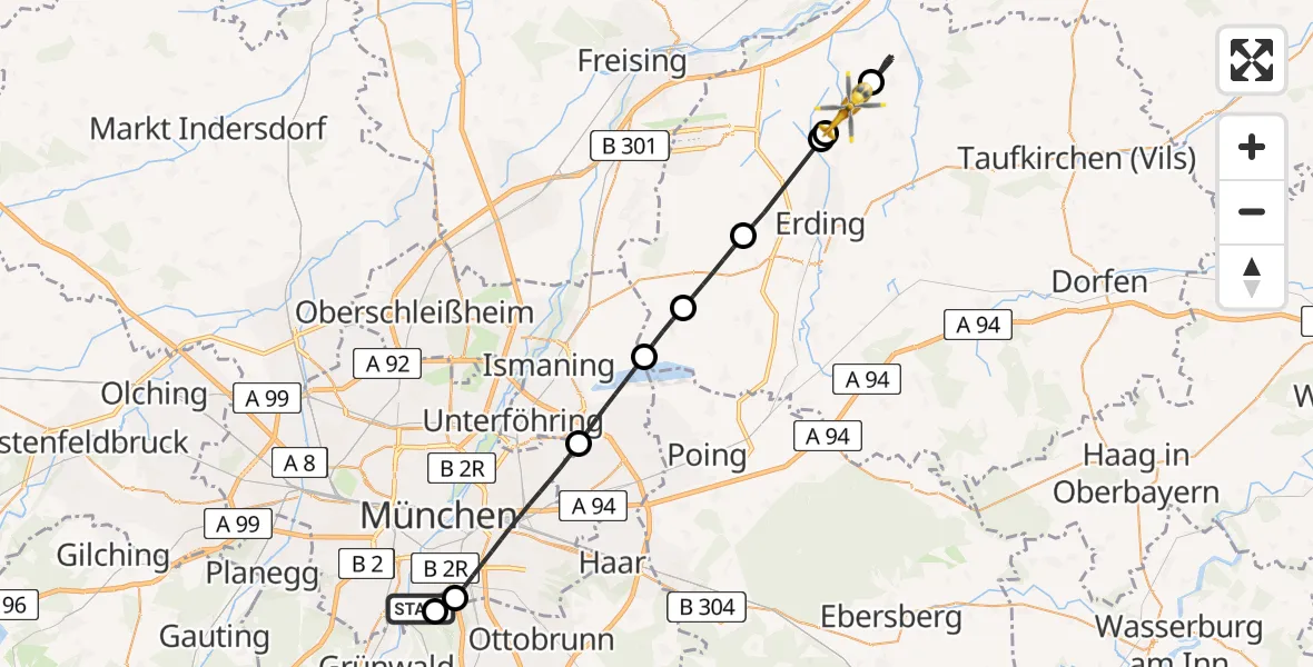 Flugroute Rettungshubschrauber ADAC Air Rescue Center Hubschrauberlandeplatz (Christoph 1) - Berglern, 14 Mai 2026, 14:20