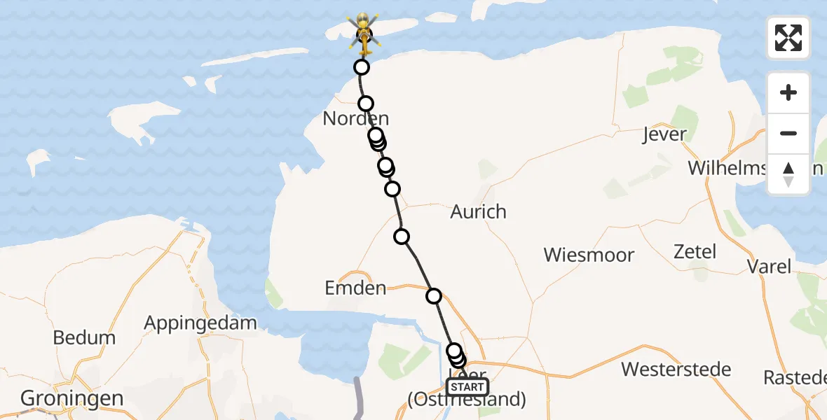 Flugroute Ambulanzhubschrauber Leer (Ostfriesland) - Norderney Flughafen, 14 Mai 2026, 14:24