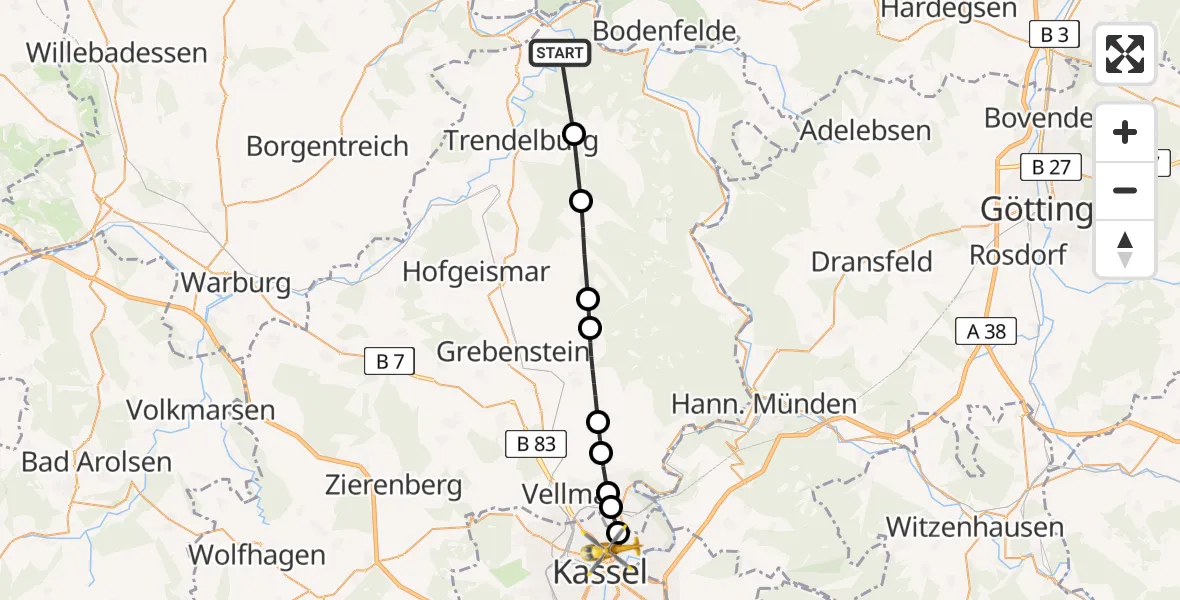 Flugroute Rettungshubschrauber Bad Karlshafen - Kassel, 14 Mai 2026, 14:30