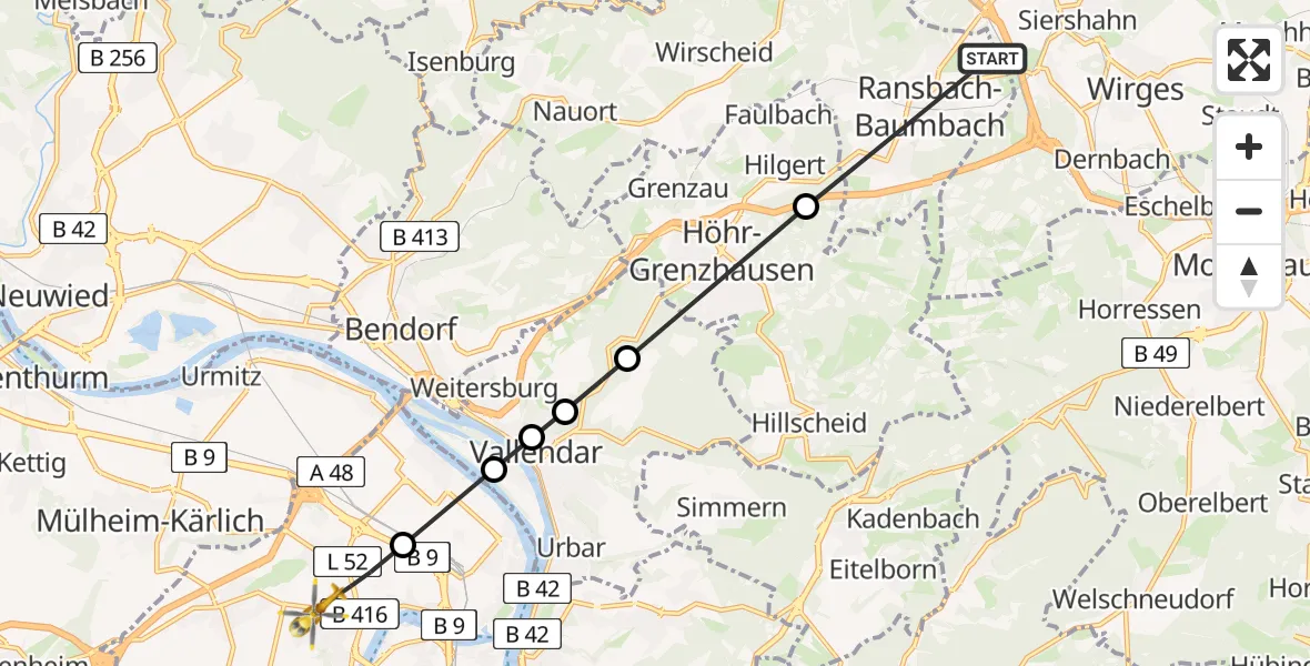 Flugroute Rettungshubschrauber Ransbach-Baumbach - Koblenz, 14 Mai 2026, 14:30