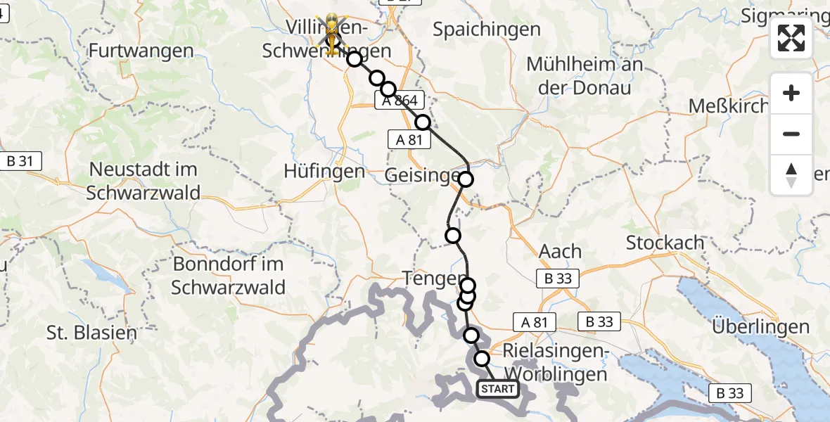 Flugroute Rettungshubschrauber Gailingen am Hochrhein - DRF Air Rescue Station Villingen-Schwenningen Hubschrauberlandeplatz (Christoph 11), 14 Mai 2026, 14:32