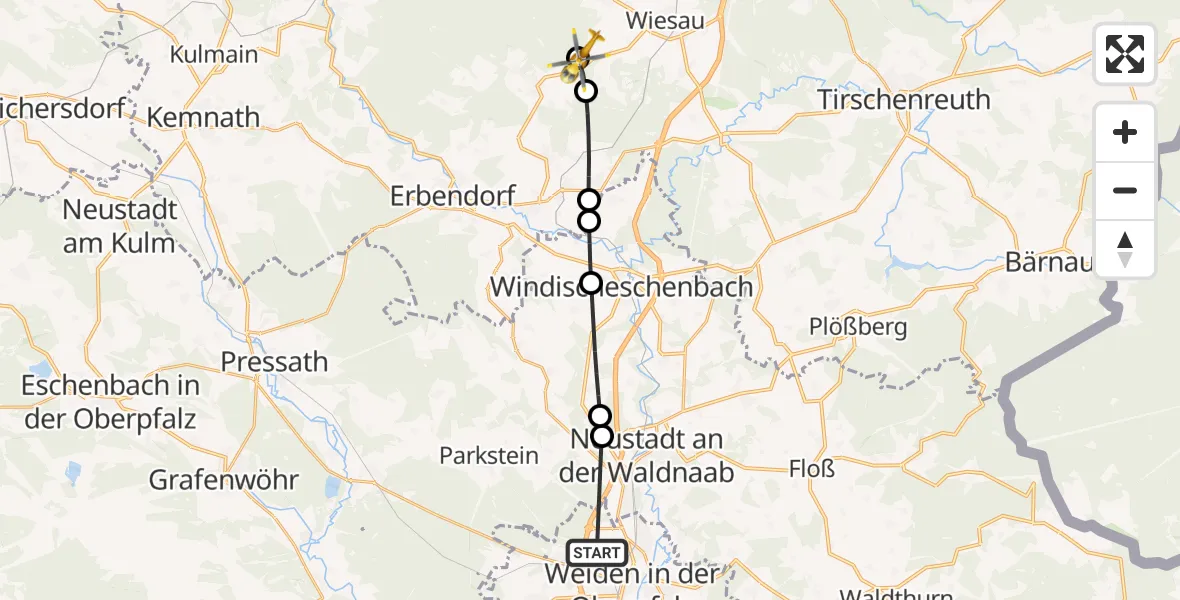 Flugroute Rettungshubschrauber Weiden i.d.OPf. - Fuchsmühl, 14 Mai 2026, 14:32