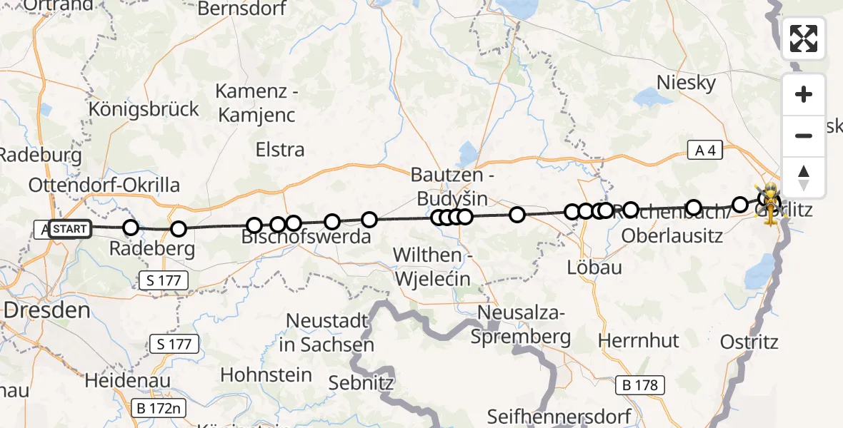 Flugroute Rettungshubschrauber Dresden - Görlitz Hospital, 14 Mai 2026, 14:36