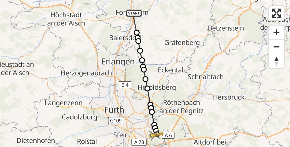 Flugroute Ambulanzhubschrauber Forchheim - Nürnberg South Hospital, 14 Mai 2026, 14:41