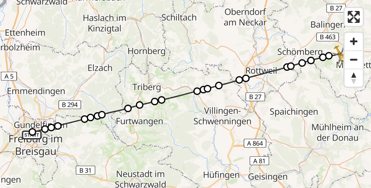 Flugroute Rettungshubschrauber Freiburg im Breisgau Flugplatz - Meßstetten, 14 Mai 2026, 14:45