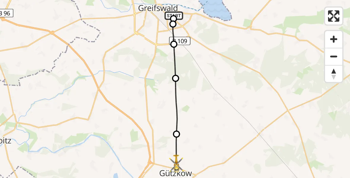 Flugroute Rettungshubschrauber Greifswald Hospital - Gützkow, 14 Mai 2026, 14:46