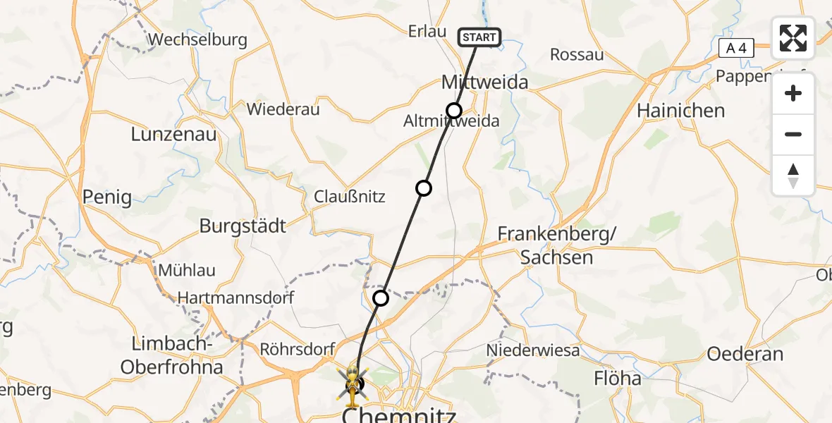 Flugroute Rettungshubschrauber Mittweida - Flemmingstraße Hospital Rooftop, 14 Mai 2026, 14:49