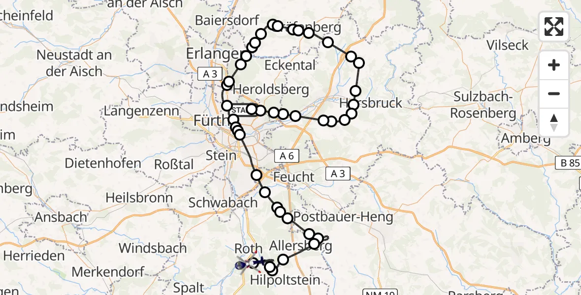 Flugroute Polizeihubschrauber Flughafen Nuremberg - Flugplatz Roth, 14 Mai 2026, 14:51