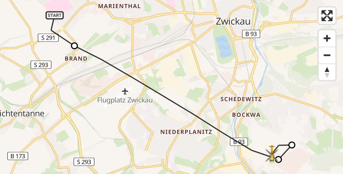 Flugroute Rettungshubschrauber ADAC Air Rescue Station Zwickau Hubschrauberlandeplatz - Zwickau, 14 Mai 2026, 14:52