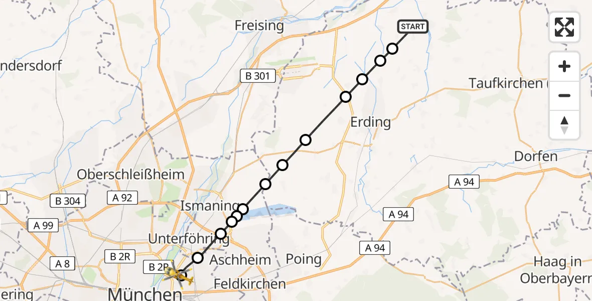 Flugroute Rettungshubschrauber Wartenberg - München Bogenhausen Hospital, 14 Mai 2026, 14:53