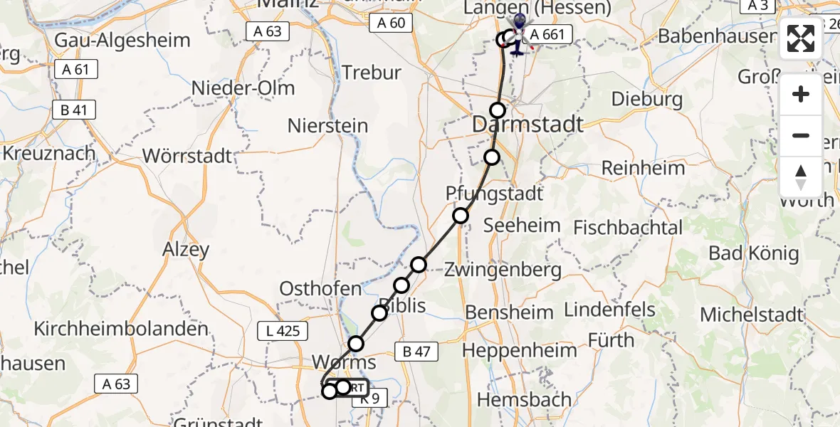 Flugroute Polizeihubschrauber Worms Flugplatz - Flughafen Frankfurt-Egelsbach, 14 Mai 2026, 14:54