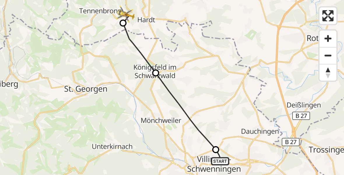 Flugroute Rettungshubschrauber DRF Air Rescue Station Villingen-Schwenningen Hubschrauberlandeplatz (Christoph 11) - Schramberg, 14 Mai 2026, 14:57