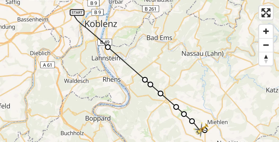 Flugroute Rettungshubschrauber Koblenz - Hainau, 14 Mai 2026, 14:58