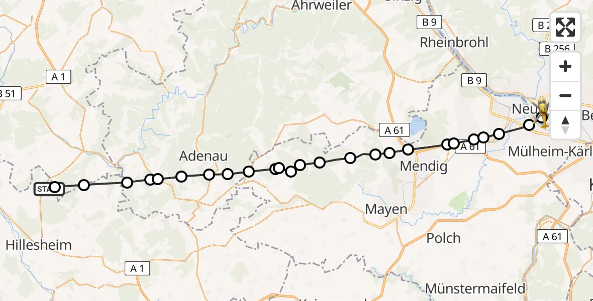 Flugroute Ambulanzhubschrauber Wiesbaum - Neuwied, 14 Mai 2026, 15:06
