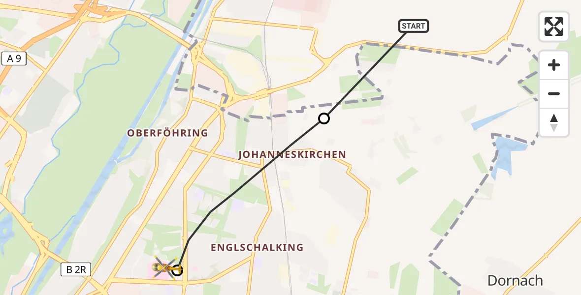 Flugroute Rettungshubschrauber Unterföhring - München Bogenhausen Hospital, 14 Mai 2026, 15:06