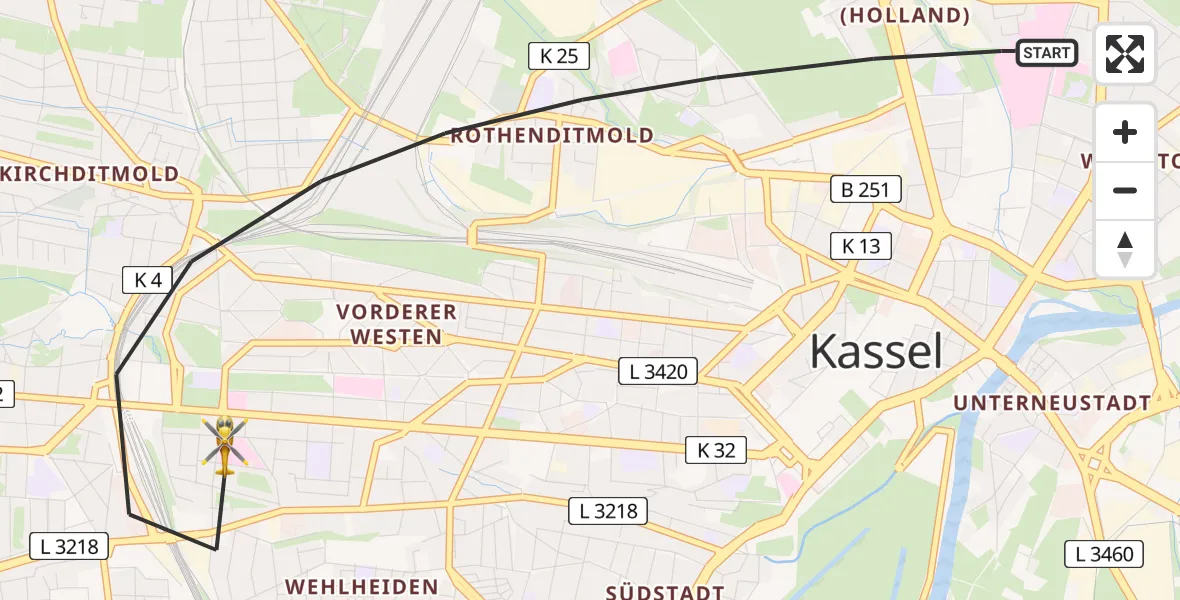 Flugroute Rettungshubschrauber Kassel - Kassel, 14 Mai 2026, 15:07