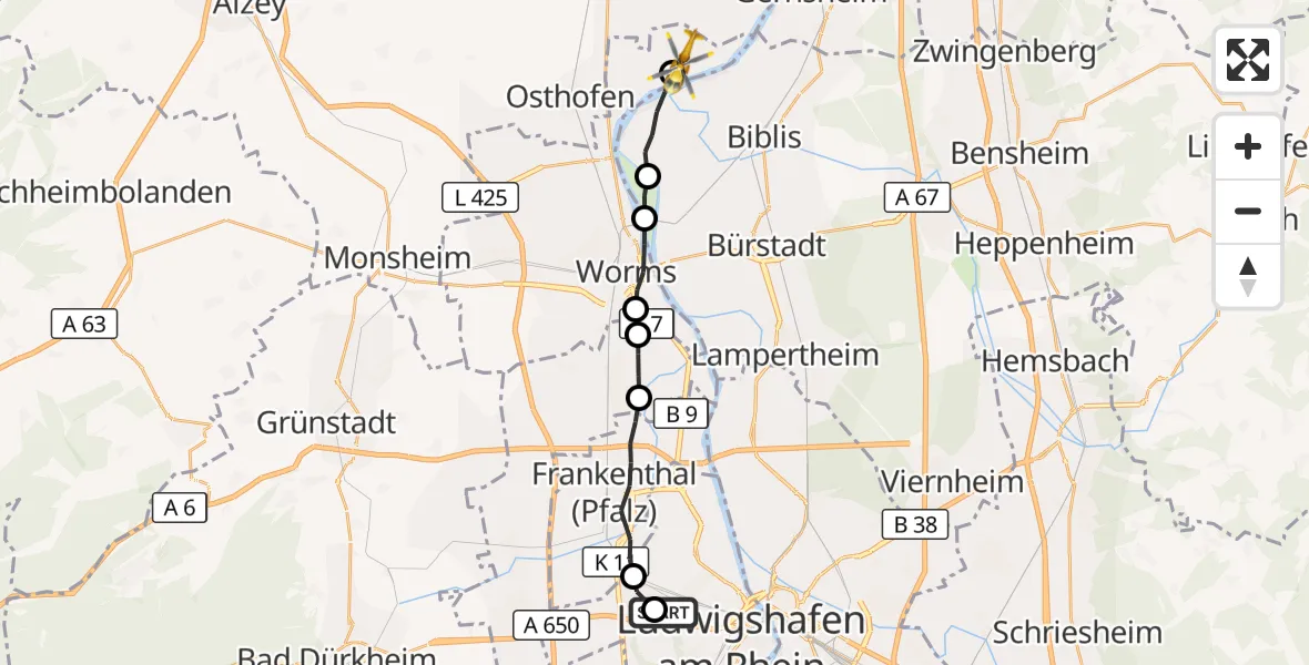 Flugroute Rettungshubschrauber Ludwigshafen Accident Hospital - Worms, 14 Mai 2026, 15:08